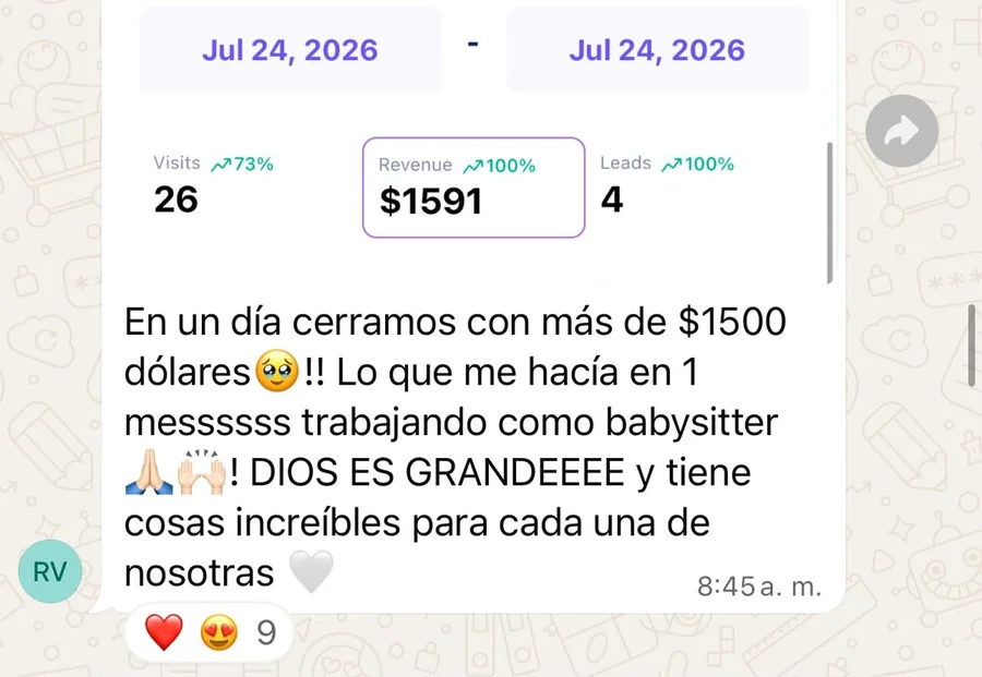 Captura de resultados de ventas de una alumna de VIDA VIP Academy
