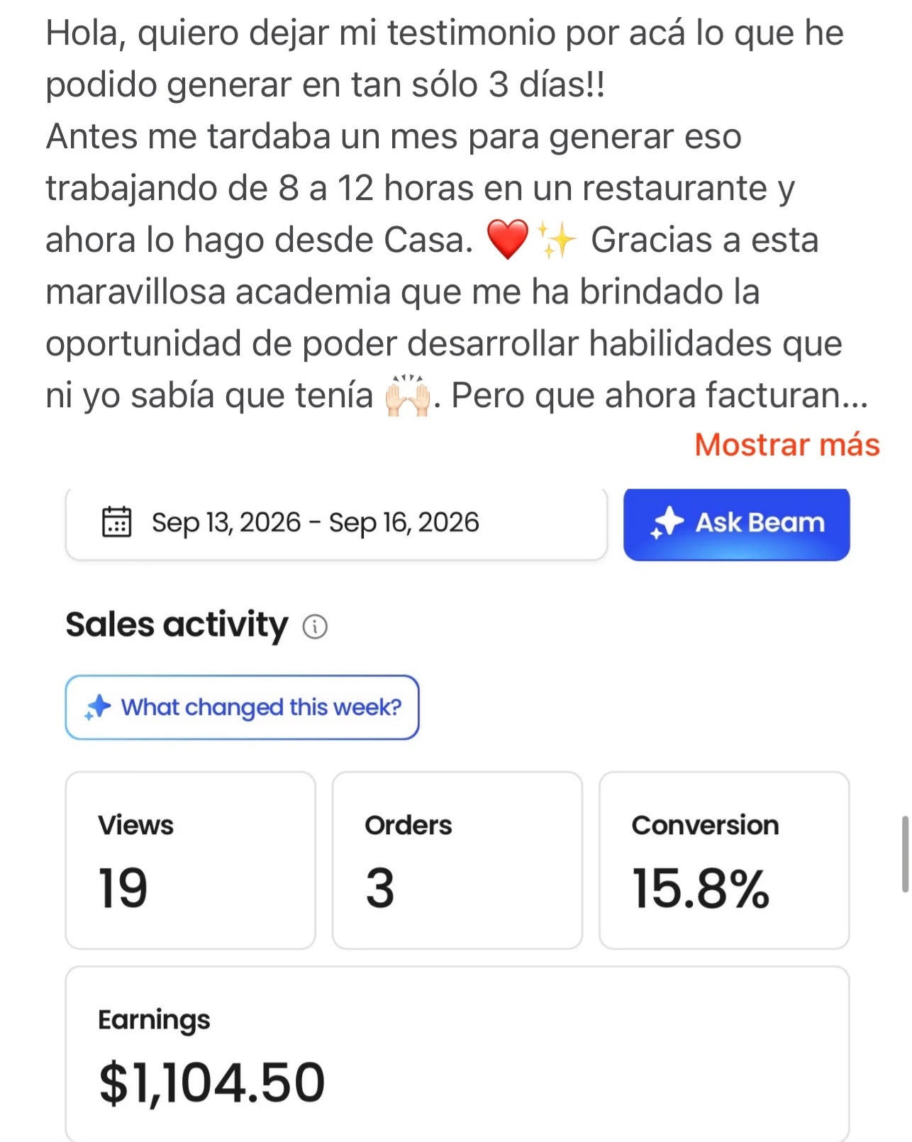 Captura de resultados de ventas de una alumna de VIDA VIP Academy